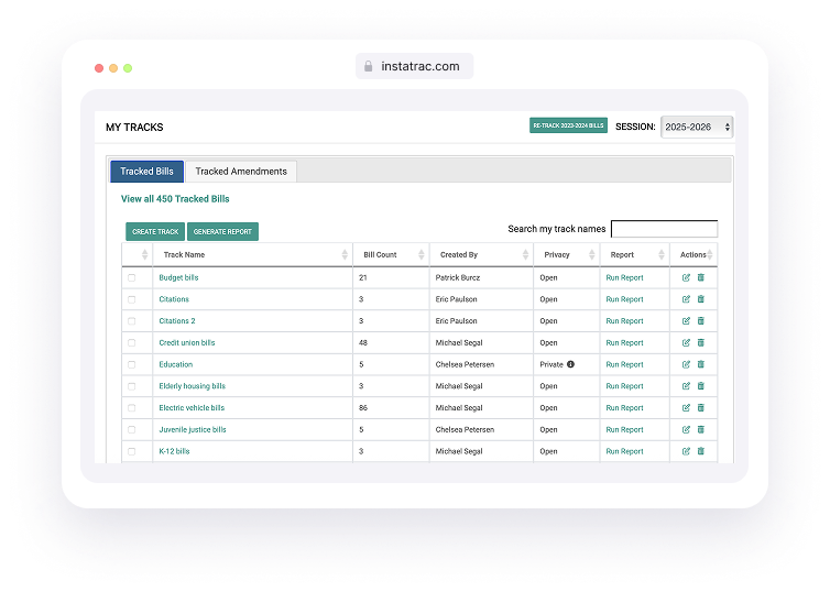 MassTrac Tracks interface showing organized tracking lists